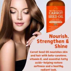 Pomberries Carrot Seed Oil face application on cheeks signals smoothing moisture.