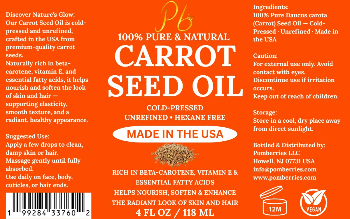 Pomberries Carrot Seed Oil packaging and ingredients imply purity.