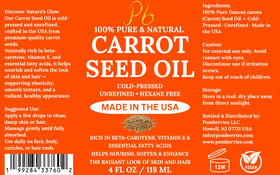 Pomberries Carrot Seed Oil packaging and ingredients imply purity.