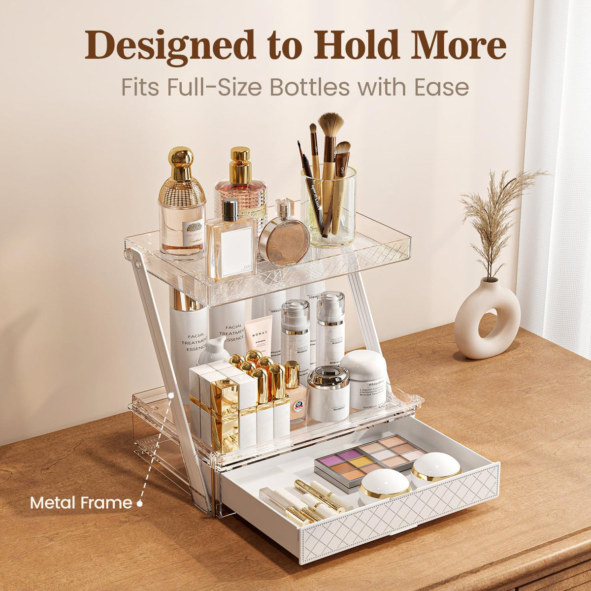 Pomohome slide-out tray keeps cosmetics reachable without reaching behind.
