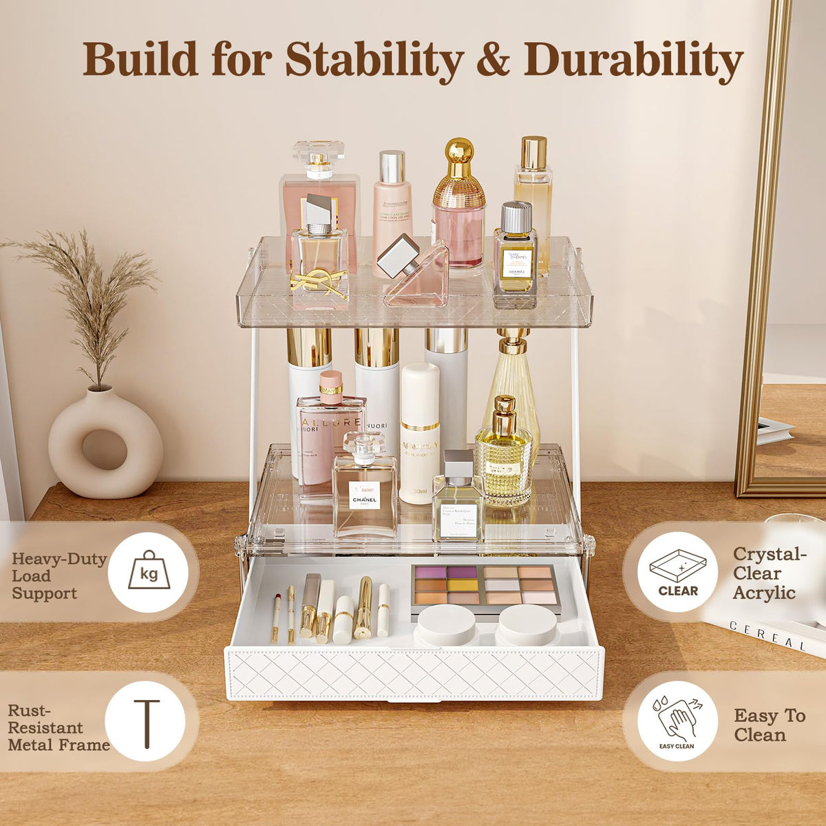 Pomohome vanity display fits bathroom counters with clear style.