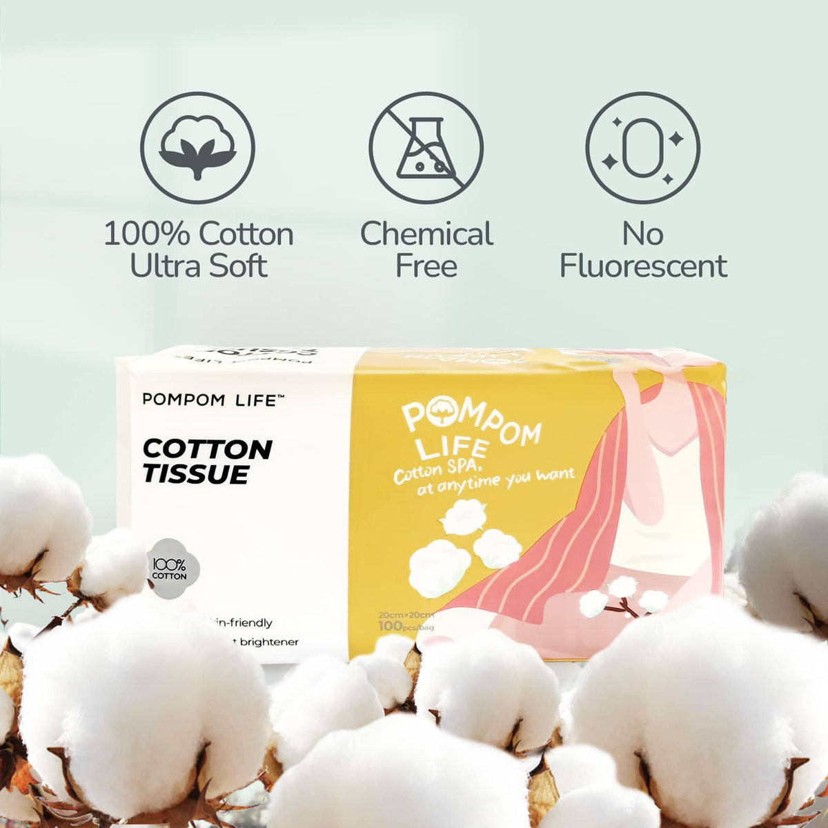 POMPOM LIFE disposable face towel in compact travel packaging for on-the-go cleansing.