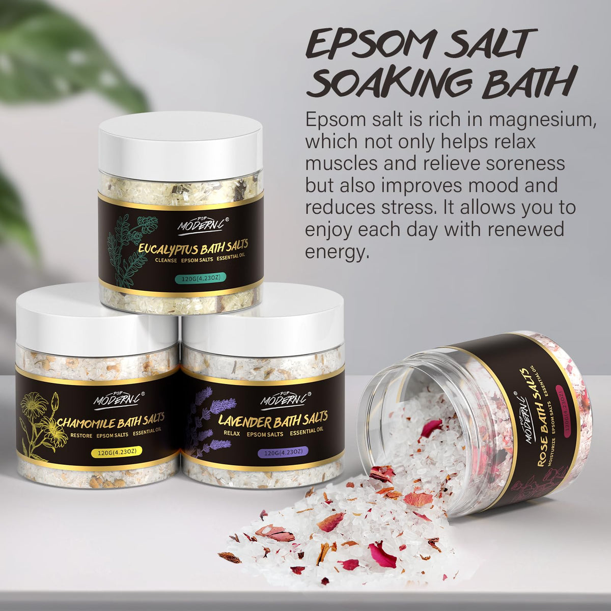 POP MODERN.C rose bath salt jar for moisturizing feel and skin softness.