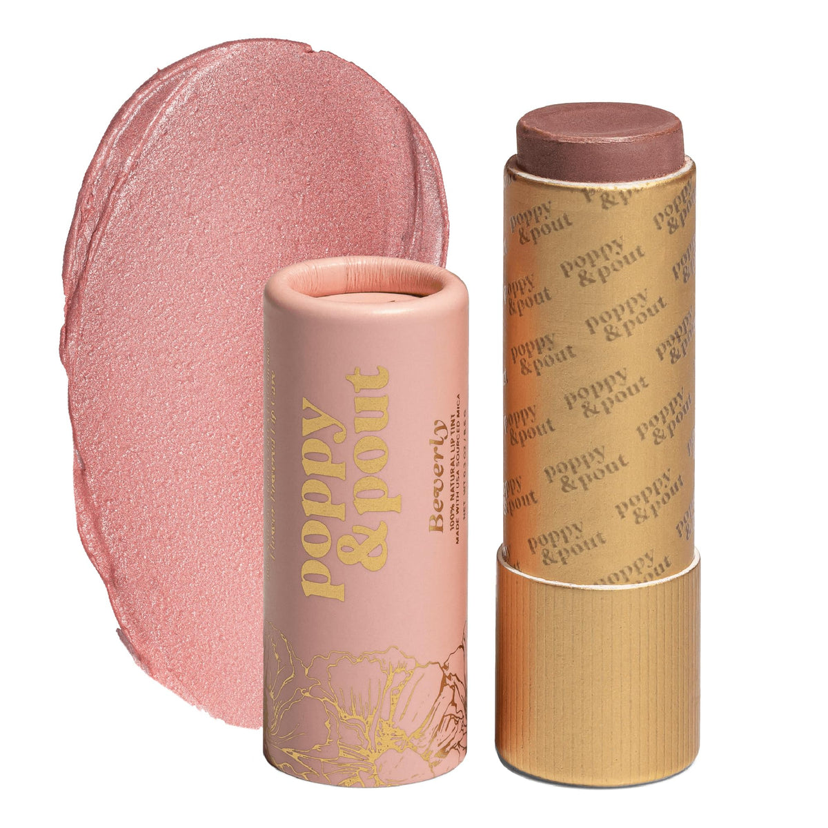 Poppy & Pout Beverly lip tint close-up in mauvy pink with nourishing natural ingredients.