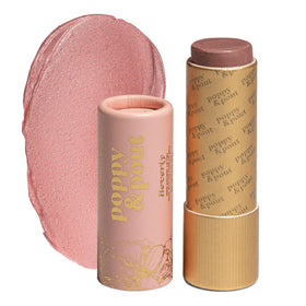 Poppy & Pout Beverly lip tint close-up in mauvy pink with nourishing natural ingredients.