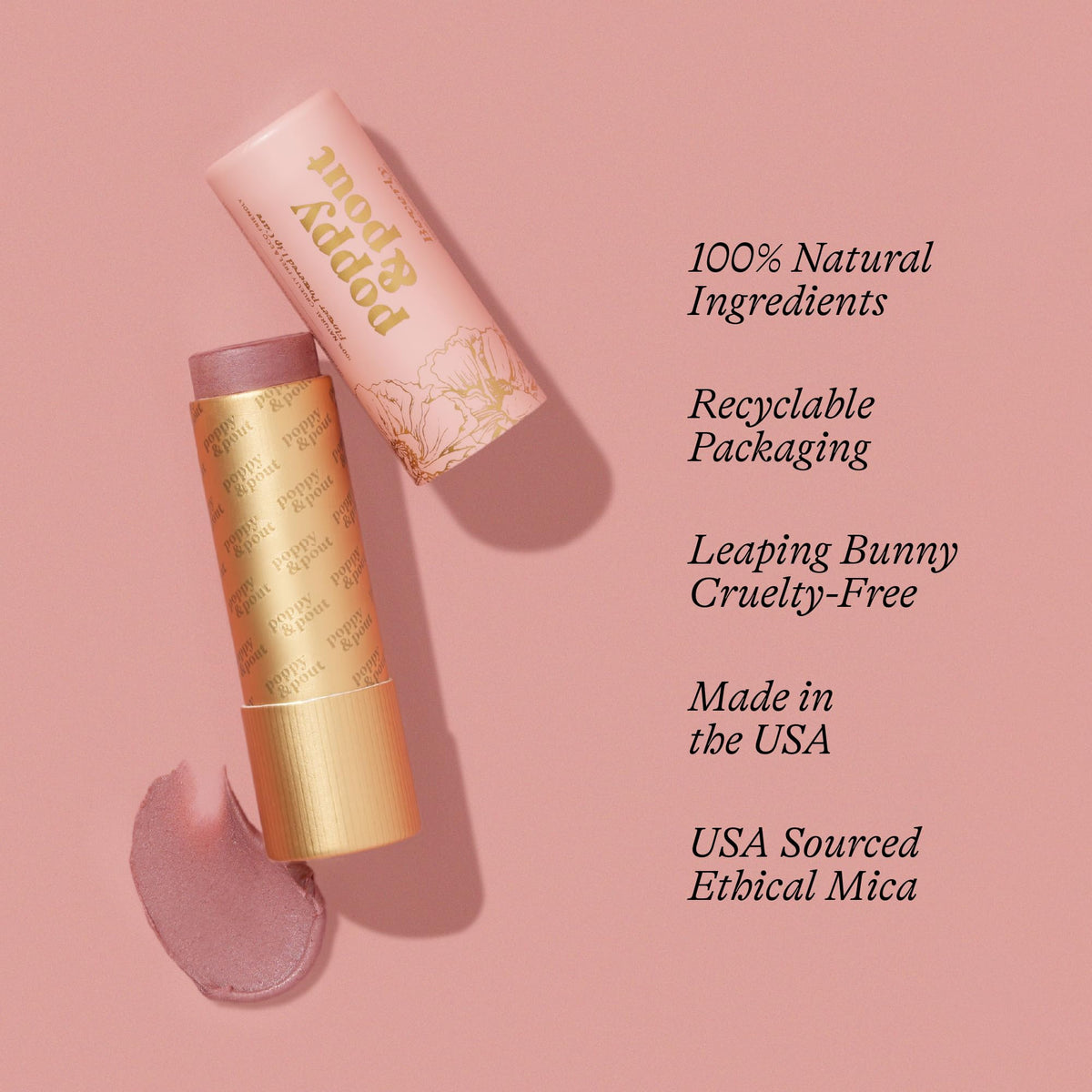 Poppy & Pout Beverly packaging on recyclable cardboard tube highlighting sustainability.