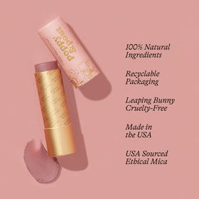 Poppy & Pout Beverly packaging on recyclable cardboard tube highlighting sustainability.