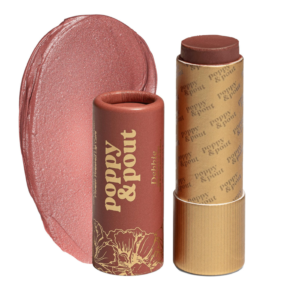 Poppy & Pout Debbie lip tint packaging close-up in a recyclable cardboard tube.