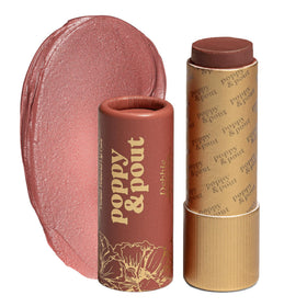 Poppy & Pout Debbie lip tint packaging close-up in a recyclable cardboard tube.