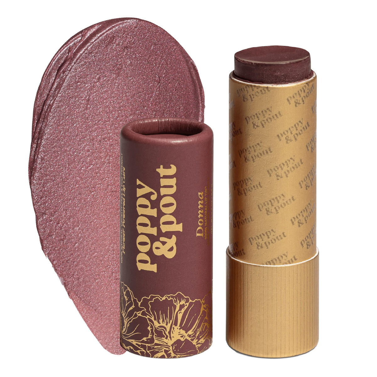 Poppy & Pout Donna lip tint tube close-up shows buildable plum shade.