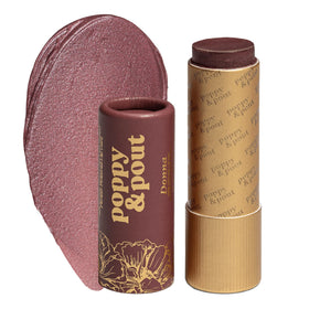 Poppy & Pout Donna lip tint tube close-up shows buildable plum shade.