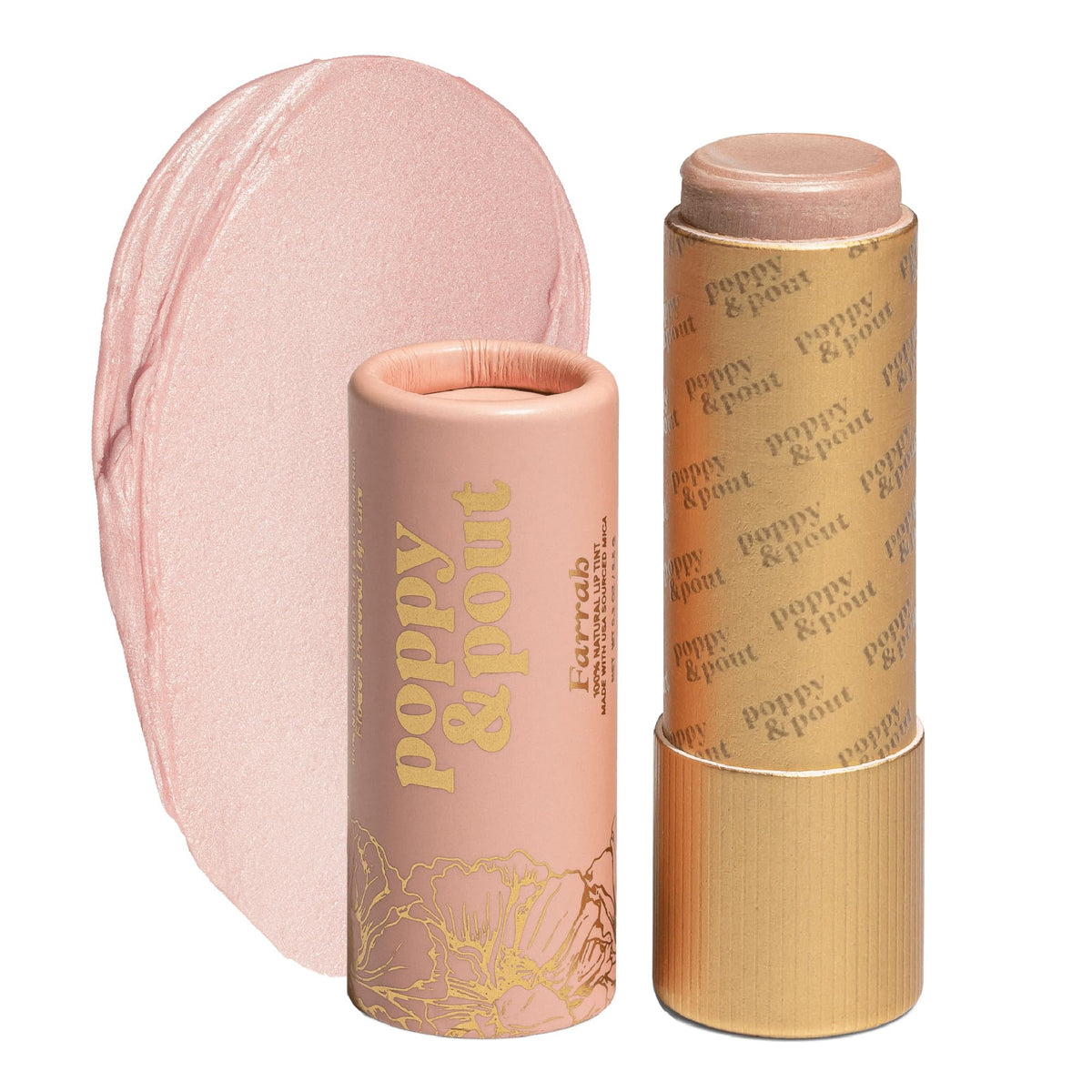 Poppy & Pout Farrah lip tint tube close-up showing soft pink shade, ideal for daily color.