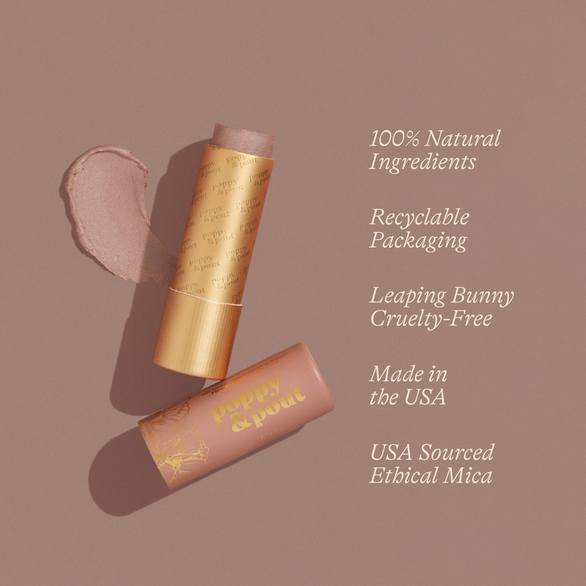 Close-up of Faye tint being applied for a sheer, buildable taupe shade.