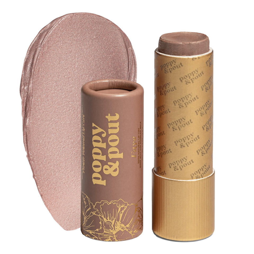 Poppy & Pout Faye lip tint in a recyclable cardboard tube for natural color.