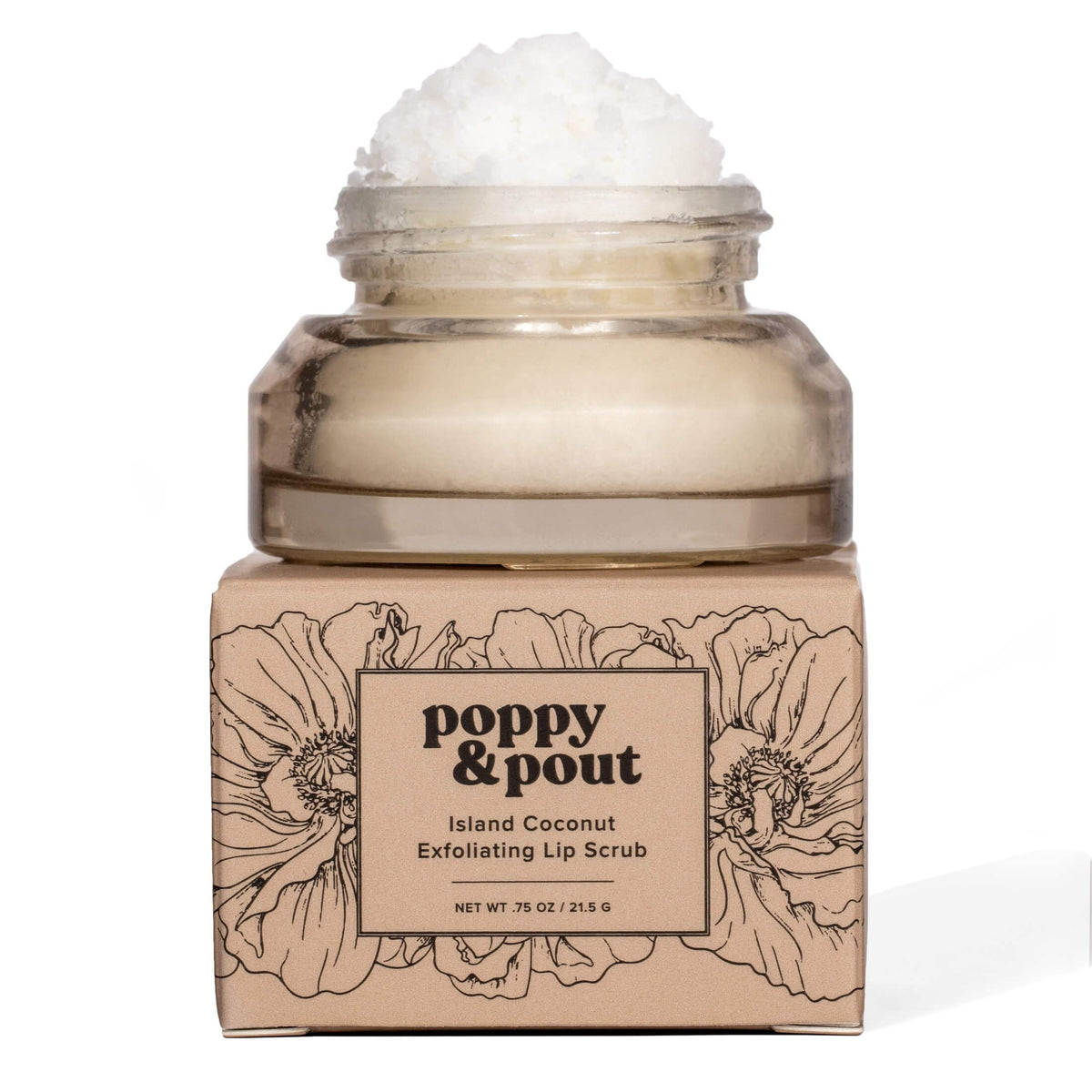 Poppy & Pout lip scrub jar close-up with island coconut scent for smooth, hydrated lips.