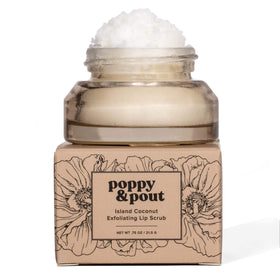 Poppy & Pout lip scrub jar close-up with island coconut scent for smooth, hydrated lips.