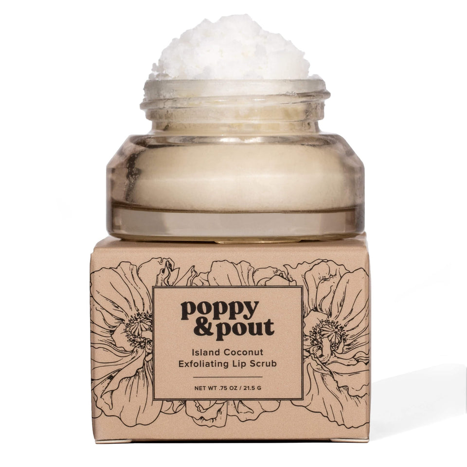 Poppy & Pout lip scrub jar close-up with island coconut scent for smooth, hydrated lips.