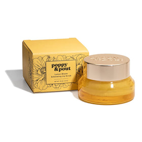 Poppy & Pout Lemon Bloom lip scrub jar ready for gentle exfoliation.