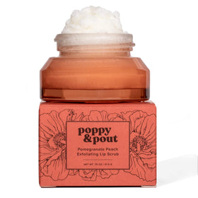 Poppy and Pout lip scrub pomegranate peach jar for smooth, hydrated lips.