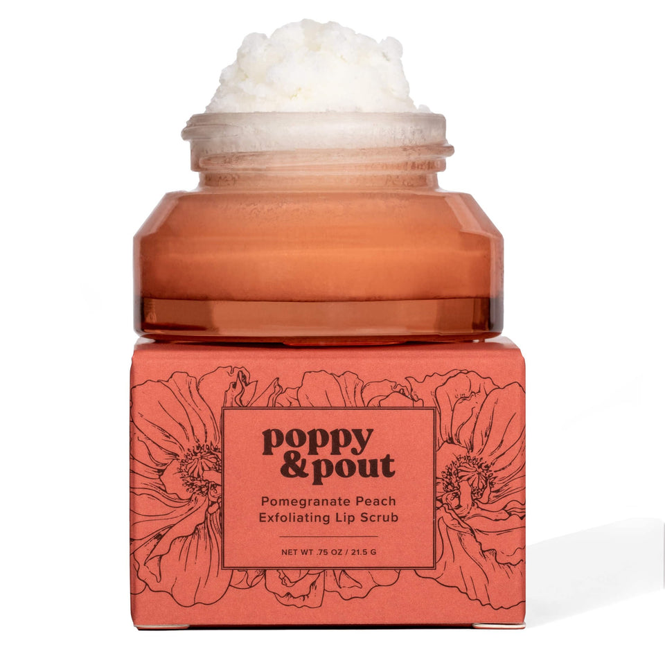 Poppy and Pout lip scrub pomegranate peach jar for smooth, hydrated lips.