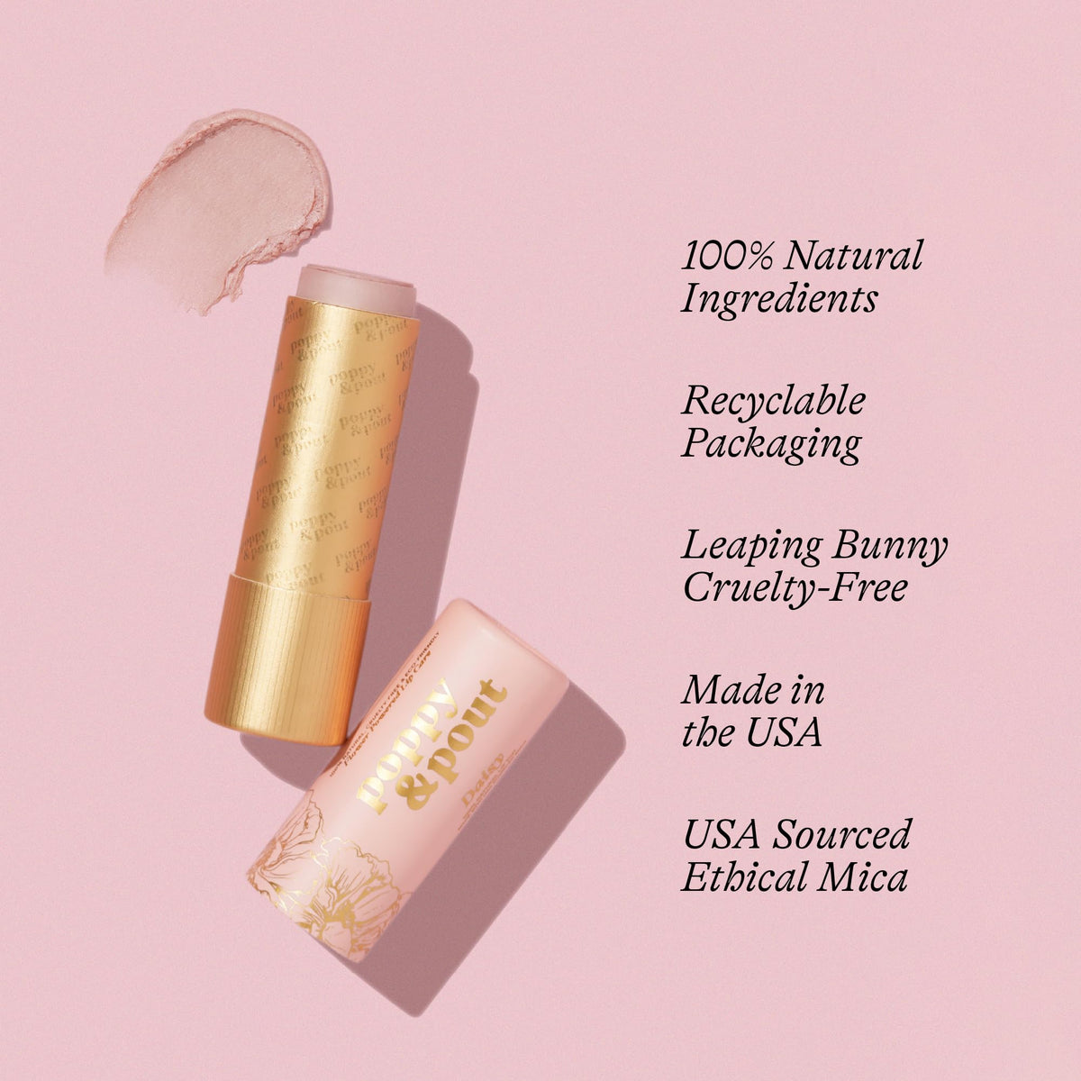 Poppy & Pout Daisy tint highlights natural ingredients like beeswax and coconut oil.