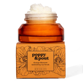 Poppy & Pout lip scrub jar with orange blossom aroma for exfoliation