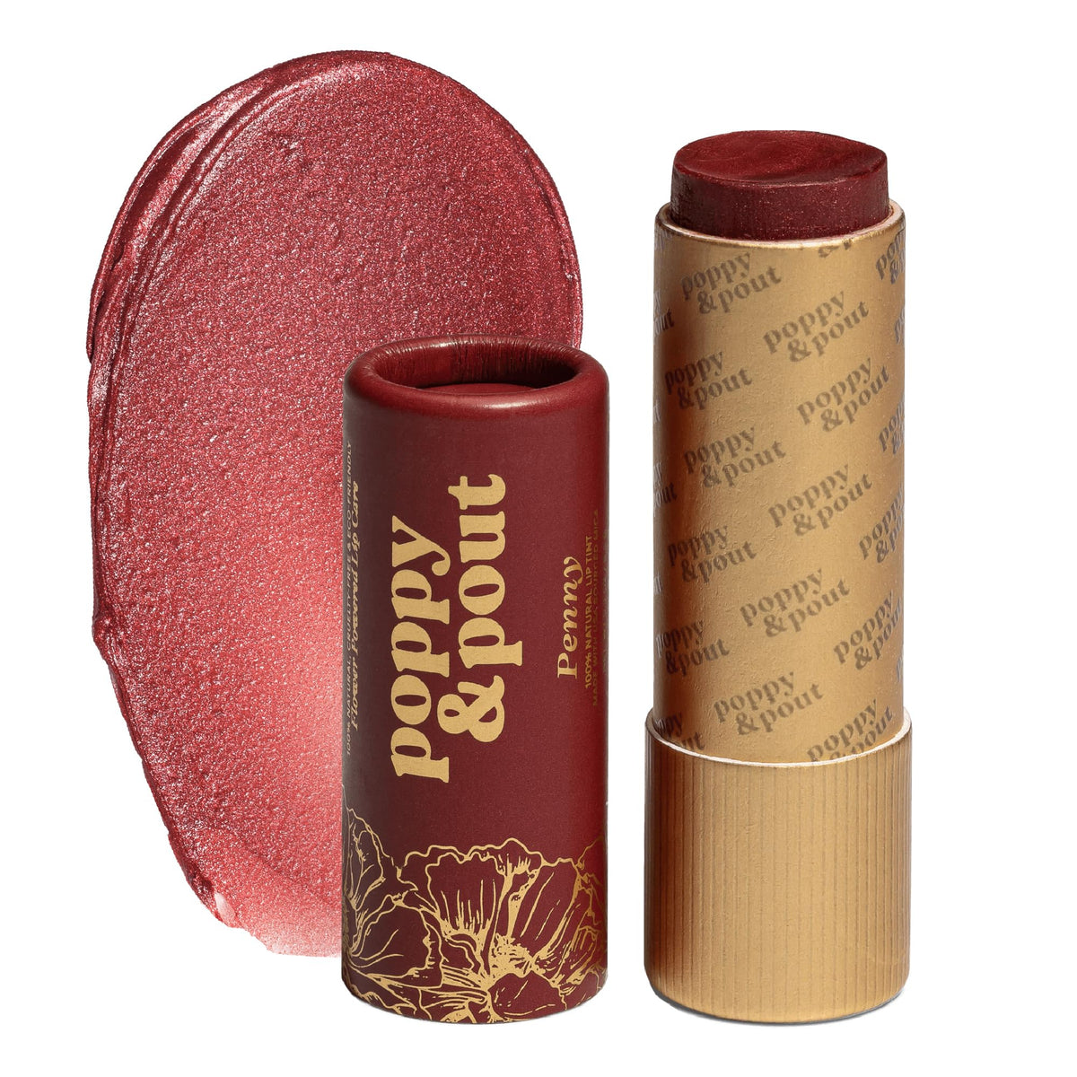 Poppy & Pout Penny Lip Tint in a cardboard tube for eco-friendly packaging and buildable color.