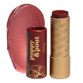 Poppy & Pout Penny Lip Tint in a cardboard tube for eco-friendly packaging and buildable color.