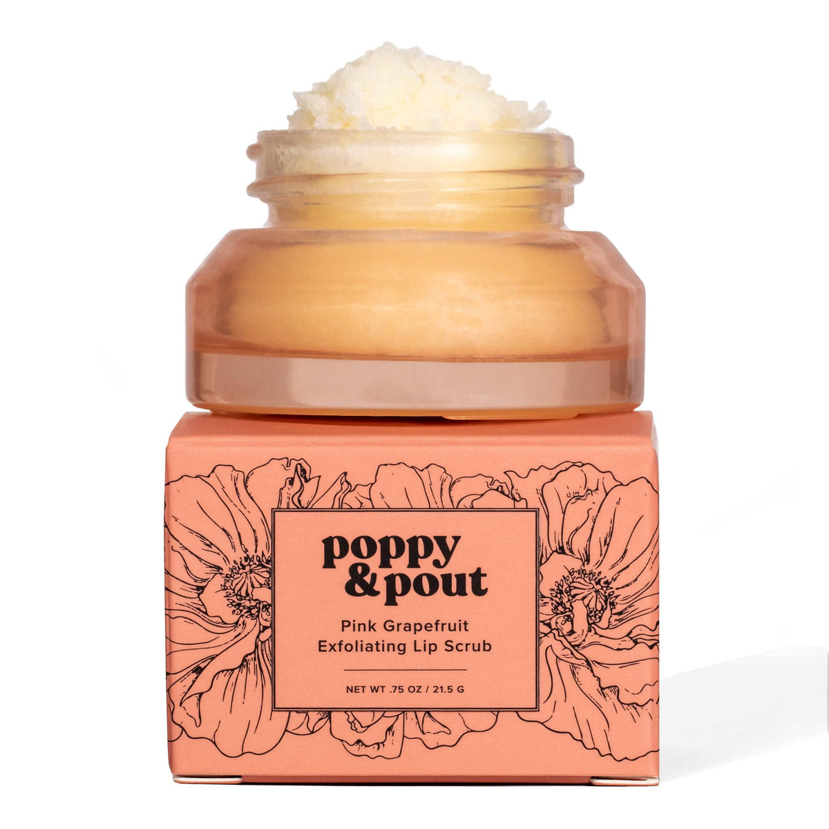 Poppy & Pout Pink Grapefruit lip scrub jar for smoother lips.