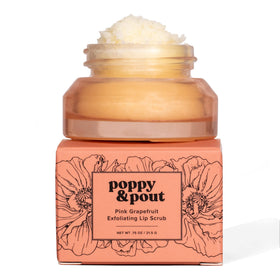 Poppy & Pout Pink Grapefruit lip scrub jar for smoother lips.