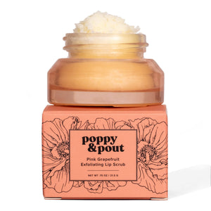 Poppy & Pout Pink Grapefruit lip scrub jar for smoother lips.