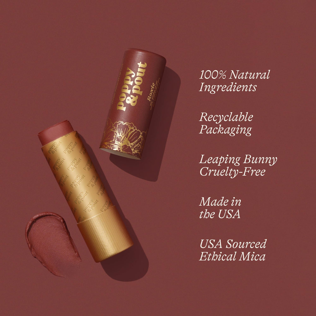 Poppy & Pout Roxie cardboard tube close-up highlights eco-friendly packaging