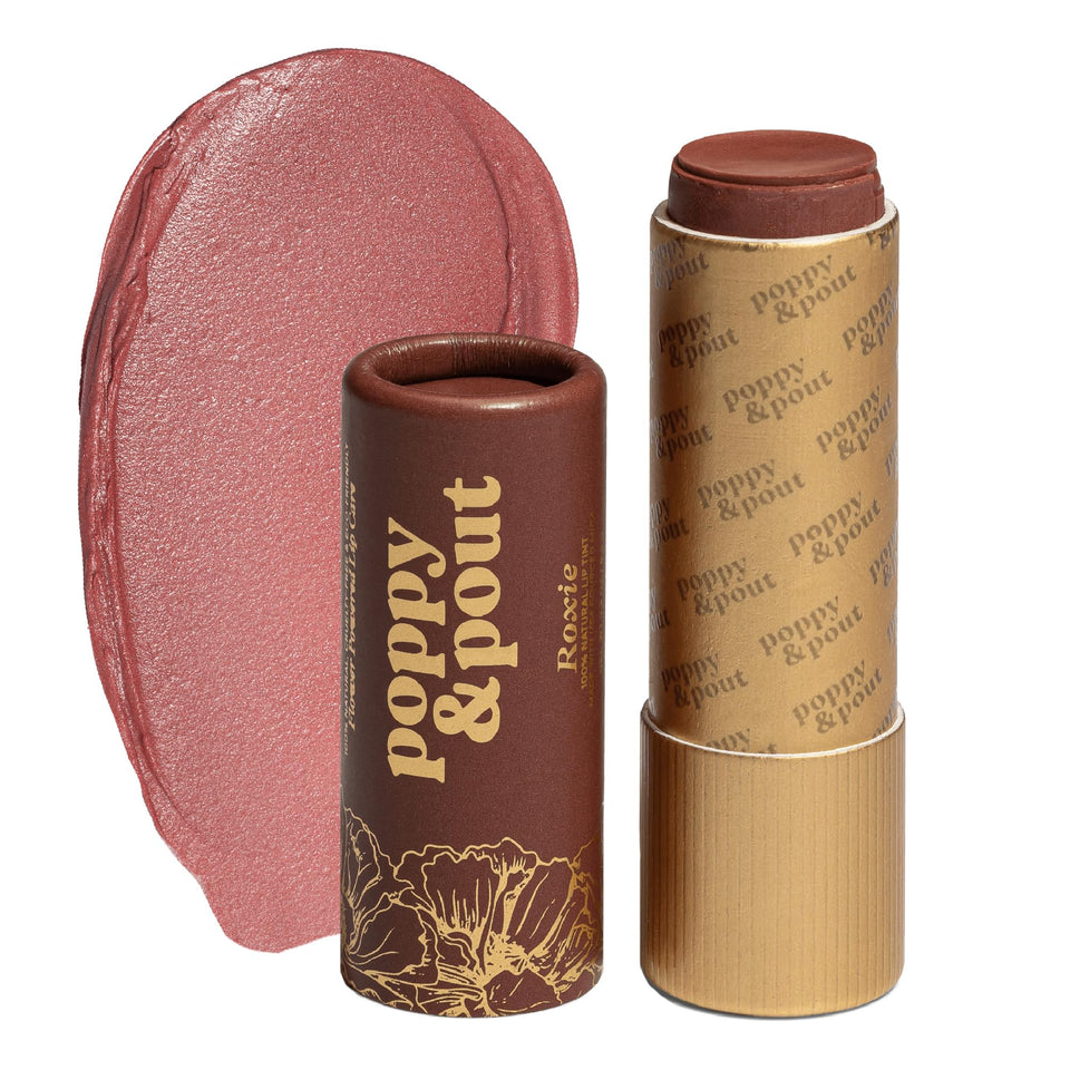 Poppy & Pout Roxie lip tint brick shade swatch shows buildable color and natural glow