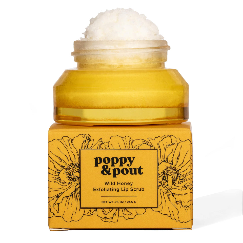 Poppy & Pout Wild Honey lip scrub jar close-up for smooth lips