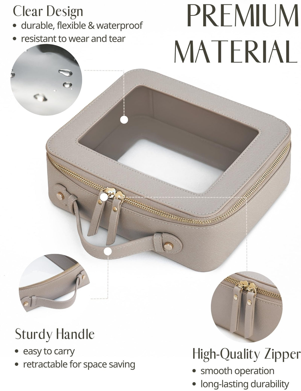 Popvibe Clear Makeup Bag zipper detail highlights smooth closure and secure organization.