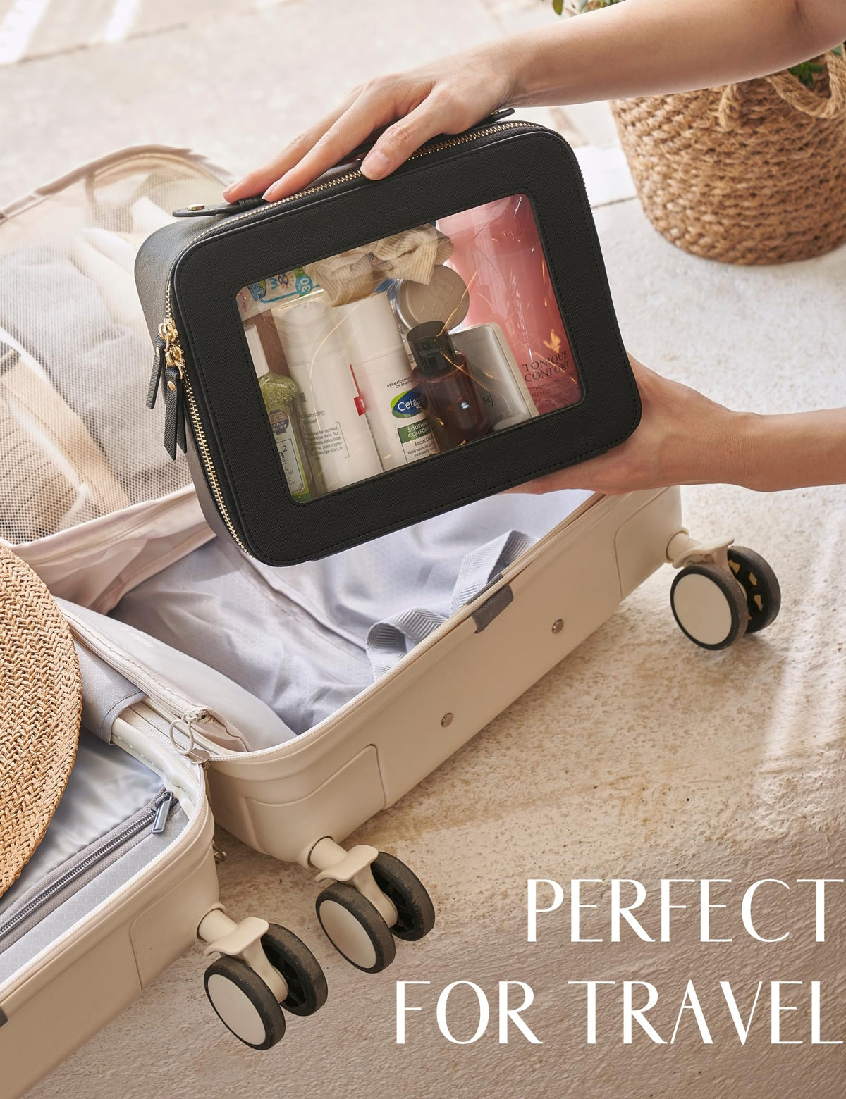 Popvibe Clear Makeup Case measures 9.6 by 7.5 by 3.1 inches for travel planning.