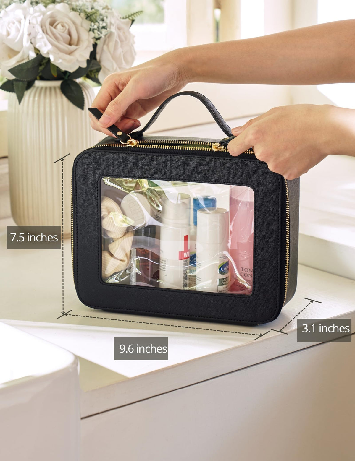 Popvibe Clear Makeup Case with gold hardware adds a luxe touch.