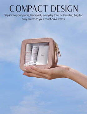 Popvibe Clear Makeup Case in use during travel with TSA-friendly design.