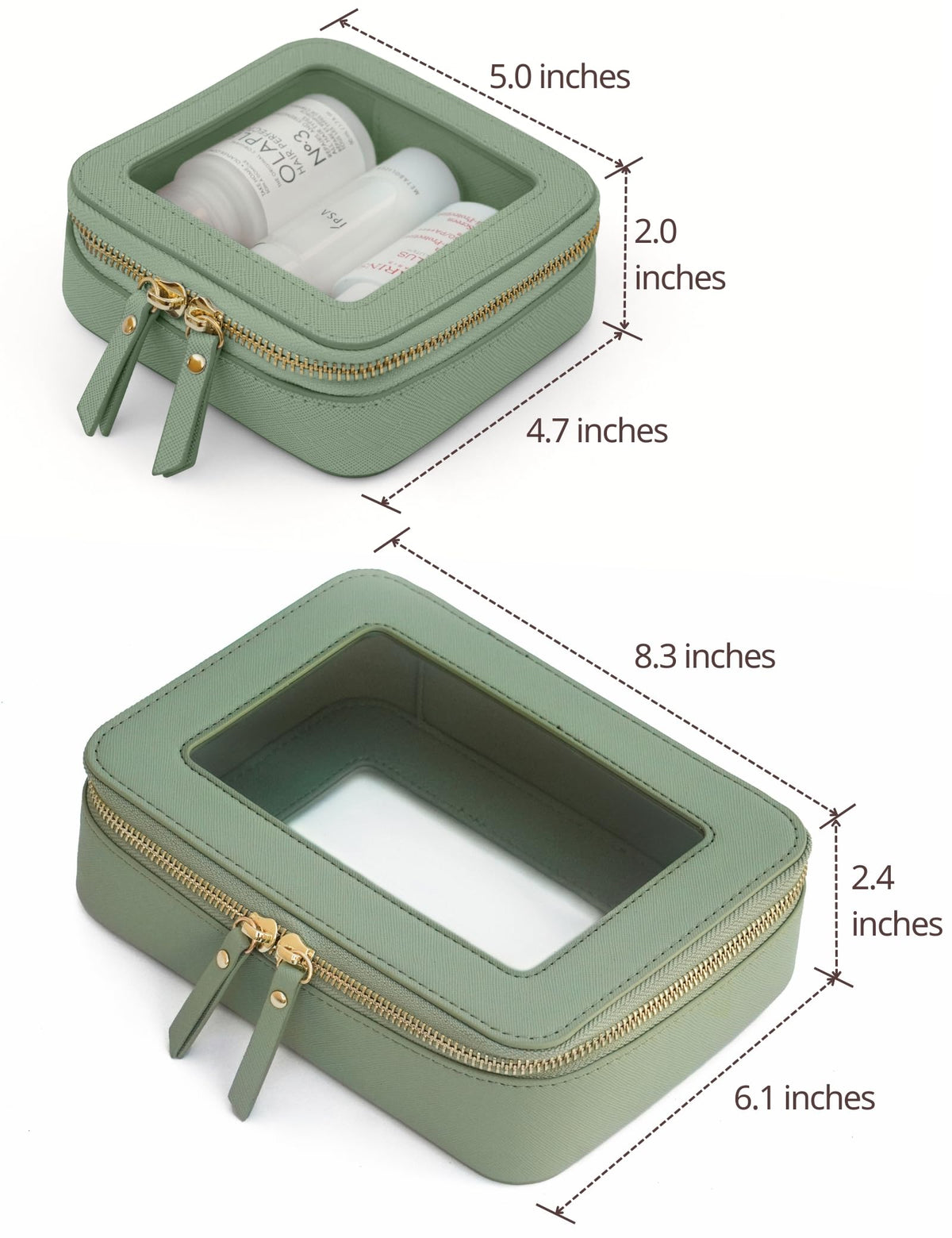 Popvibe clear makeup case medium sage green offers ample space for daily cosmetics.