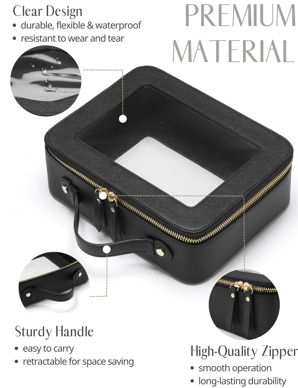 Popvibe Clear Makeup Case shows saffiano leather inner and outer surfaces for durability.