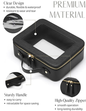 Popvibe Clear Makeup Case shows saffiano leather inner and outer surfaces for durability.