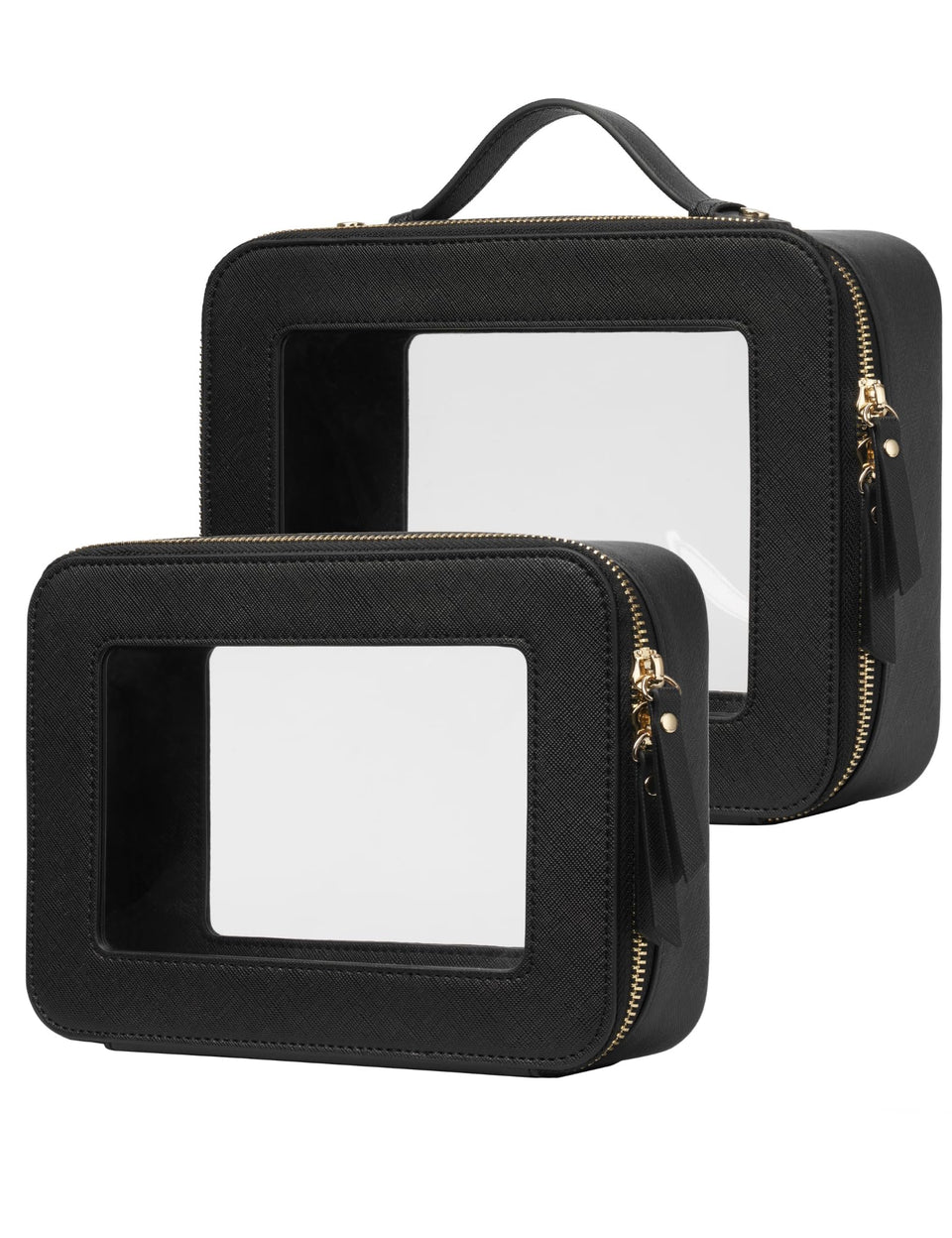 Popvibe clear makeup case set large in saffiano faux leather for easy airport visibility