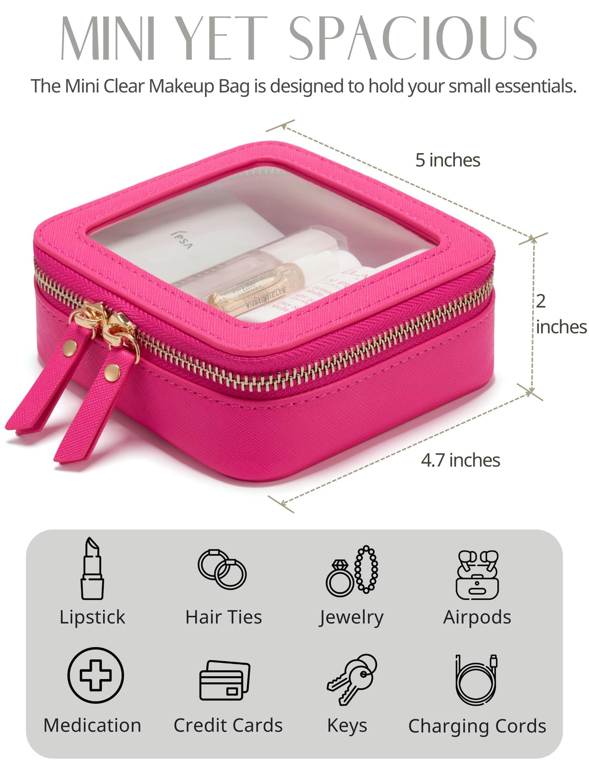 Popvibe compact pink makeup bag shown in a purse for easy on-the-go organization.
