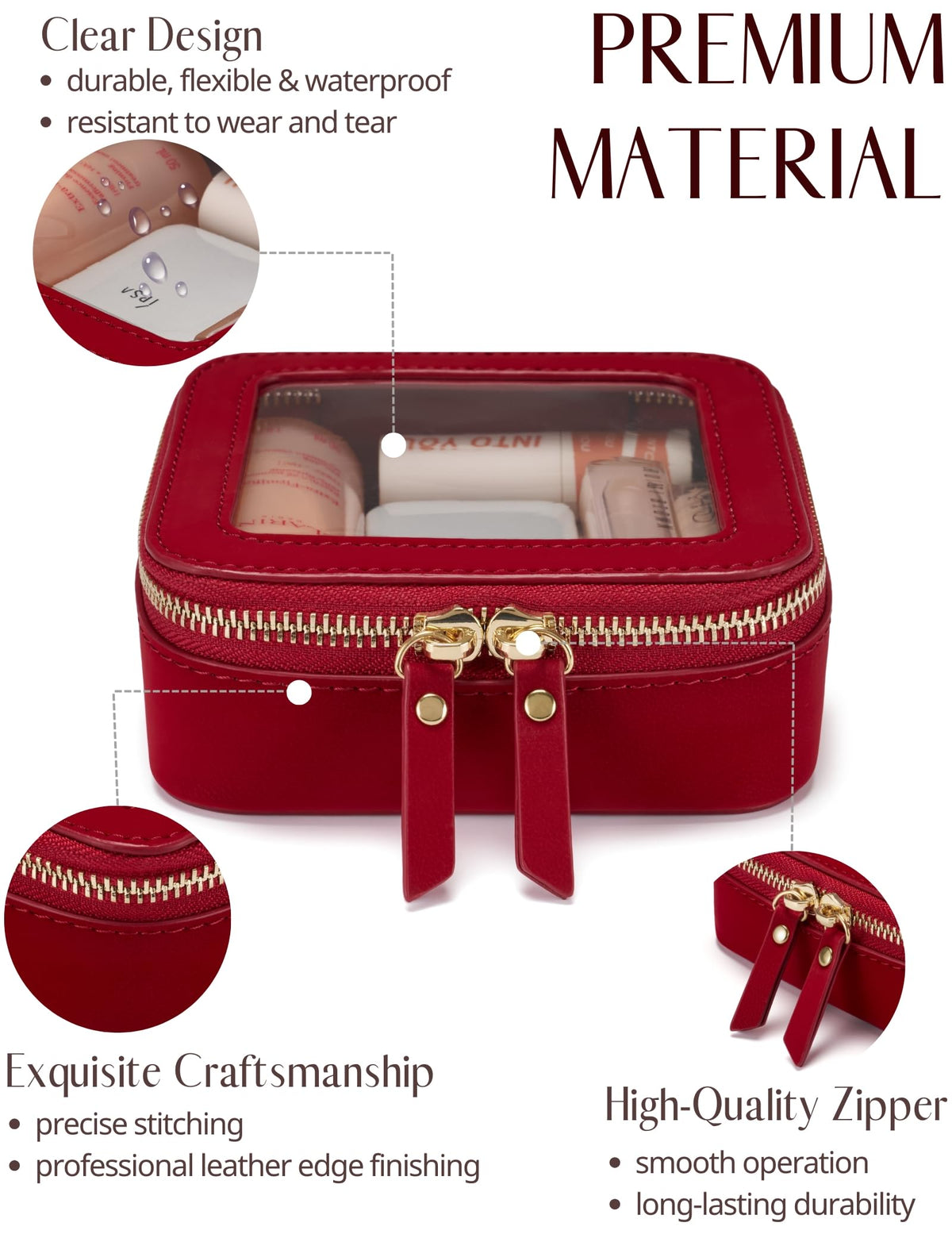 Popvibe Faux-leather outer with gold zipper for durable, premium travel style.