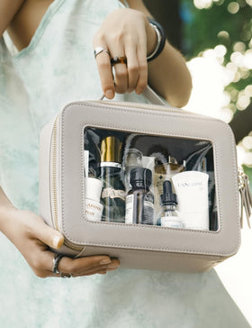 Popvibe Large makeup bag in suitcase demonstrates travel-ready capacity.