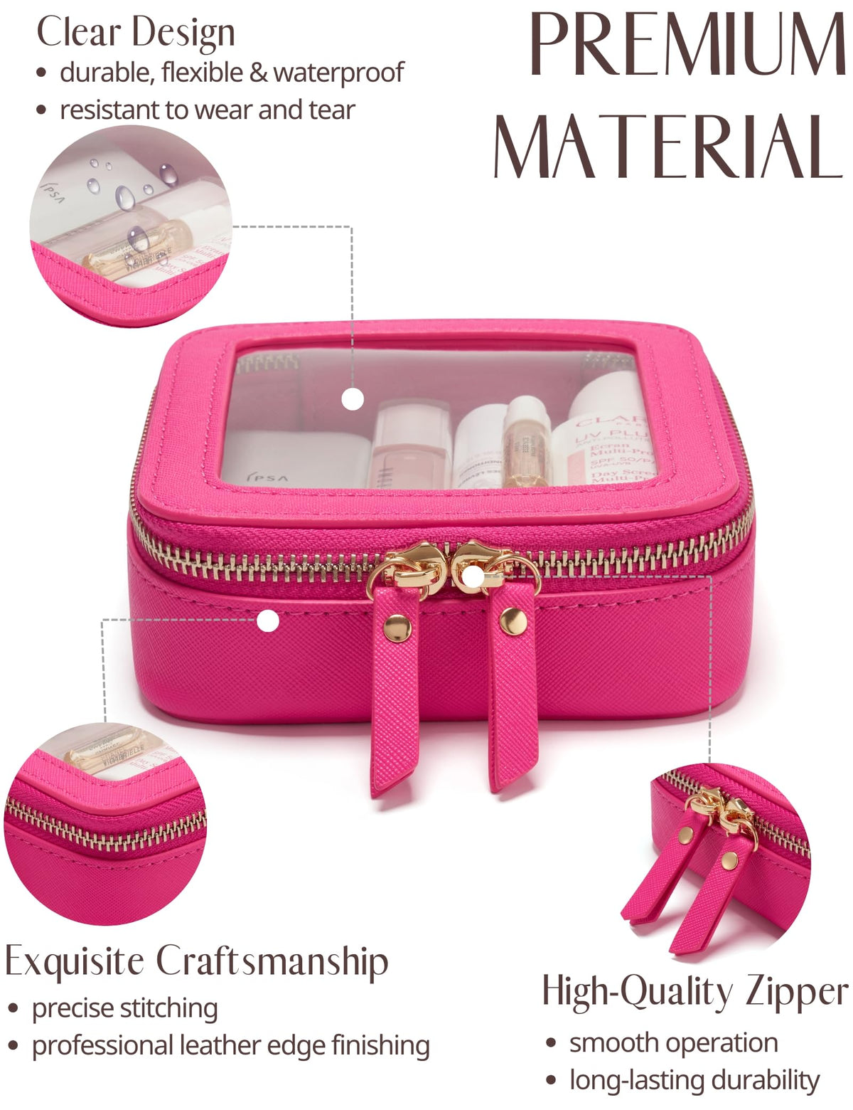 Popvibe saffiano leather exterior and interior with gold hardware for durable daily use.