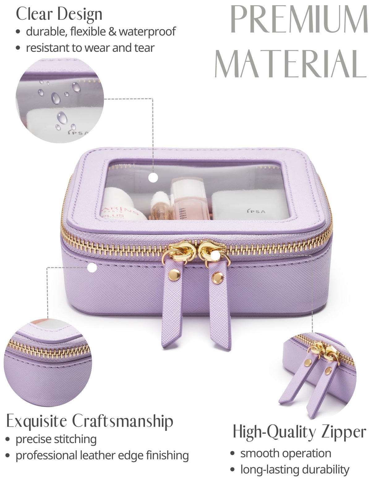 Popvibe purple mini makeup bag with compact size fits lips, cords, and small daily needs.