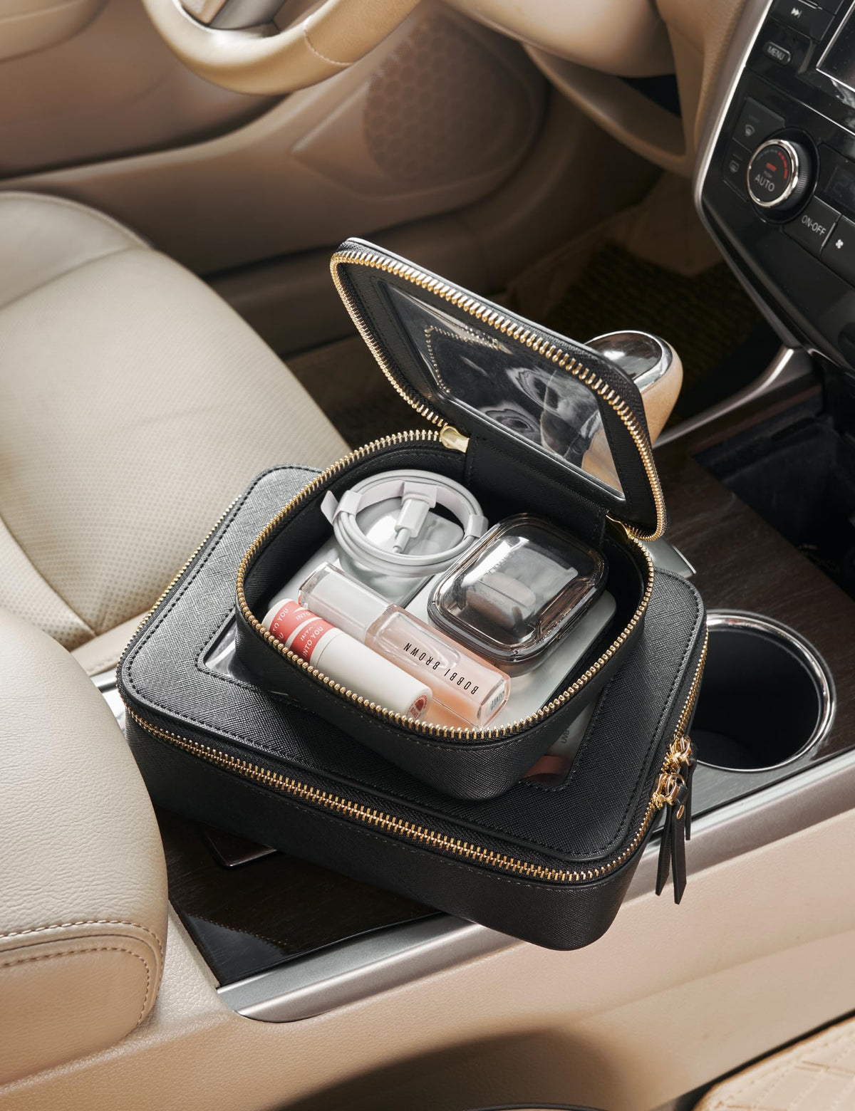 Popvibe saffiano leather outer shows durable, scratch-resistant construction for daily use