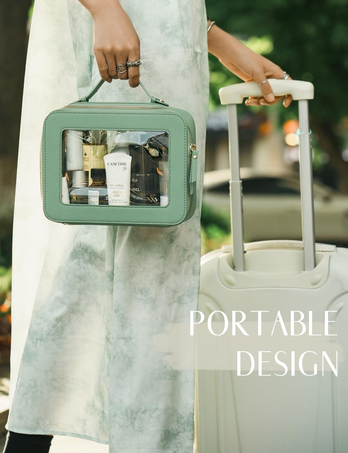 Popvibe Sage Green travel cosmetic case showcases saffiano faux leather exterior for durability