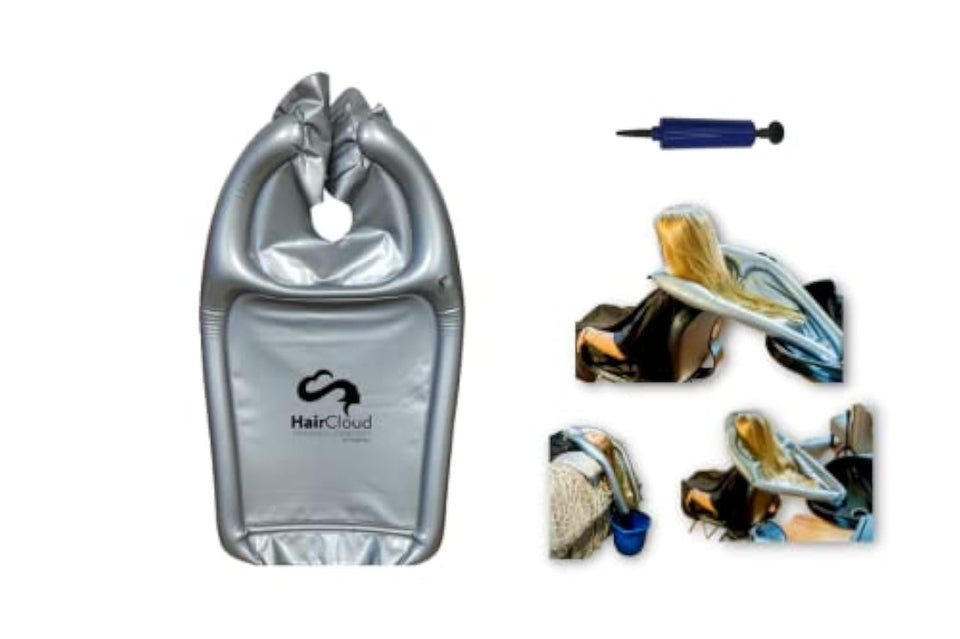 Portabelles inflatable funnel with adjustable neck straps directing water into the sink.